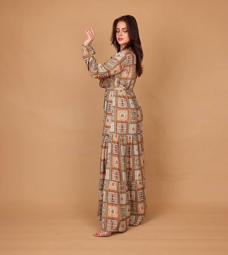 SORAYA Ethnic Print Long Sleeves Tiered Maxi Dress