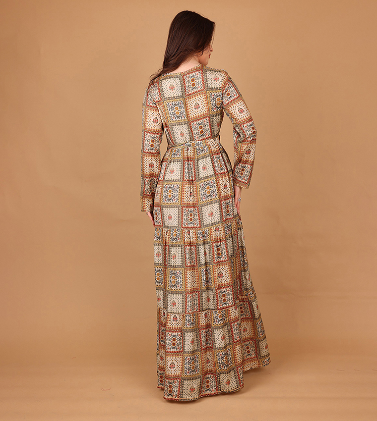 SORAYA Ethnic Print Long Sleeves Tiered Maxi Dress