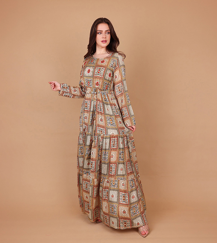 SORAYA Ethnic Print Long Sleeves Tiered Maxi Dress