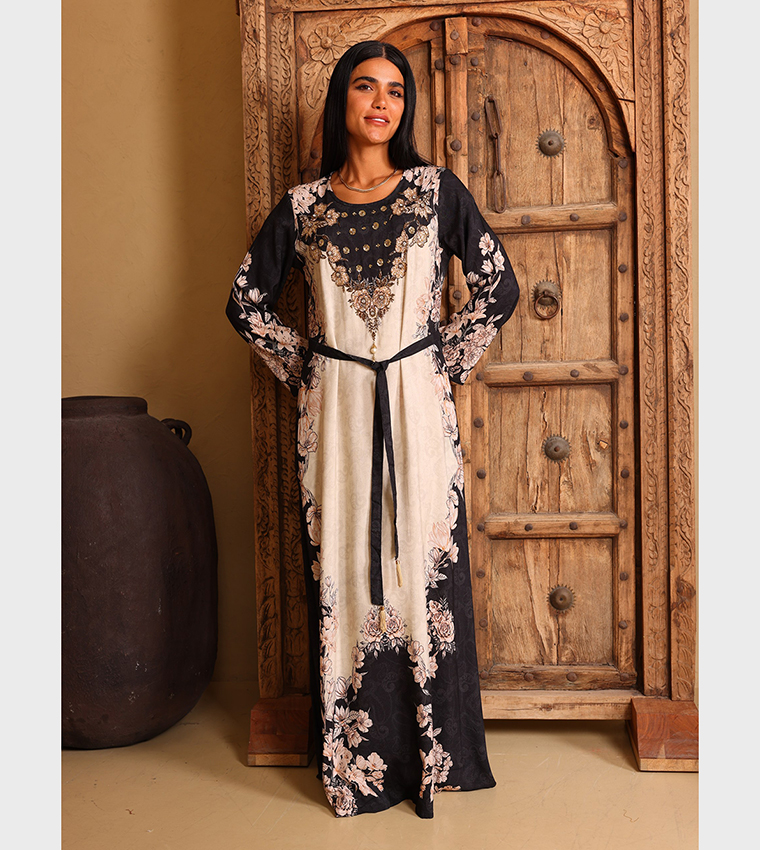 DELARA Floral Print Embellished Detail Long Sleeves Maxi Dress