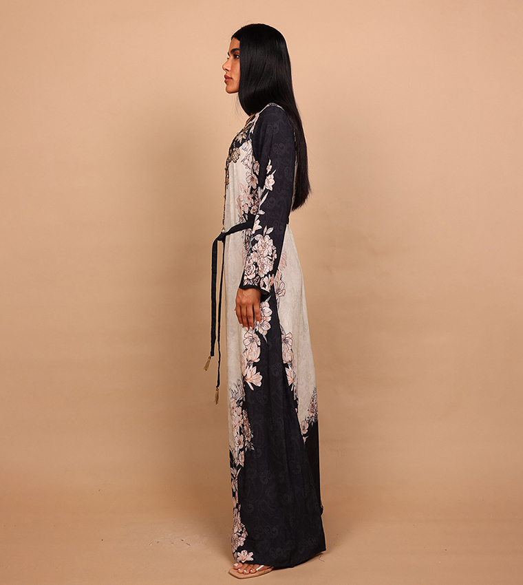 DELARA Floral Print Embellished Detail Long Sleeves Maxi Dress