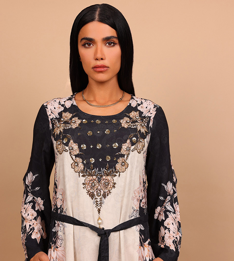DELARA Floral Print Embellished Detail Long Sleeves Maxi Dress