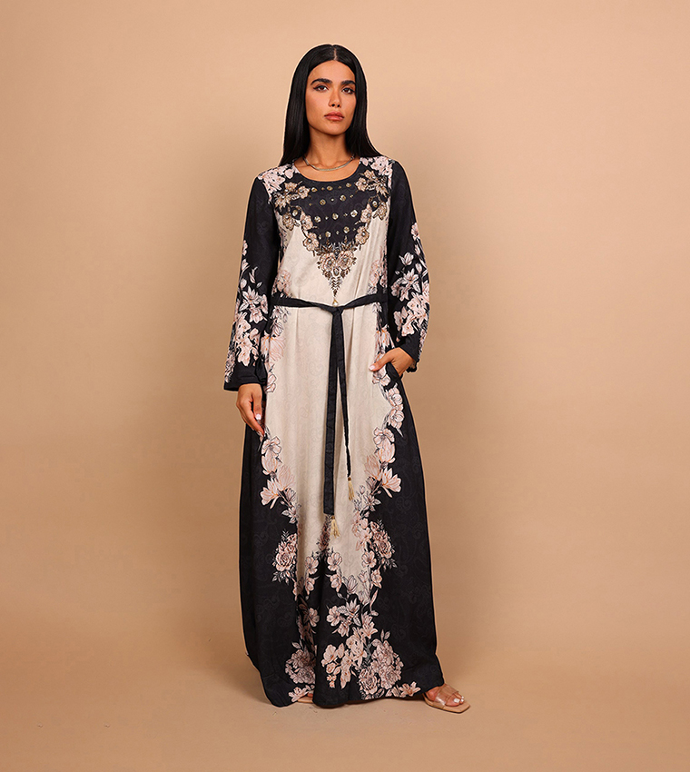 DELARA Floral Print Embellished Detail Long Sleeves Maxi Dress