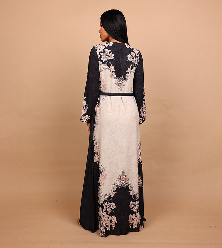 DELARA Floral Print Embellished Detail Long Sleeves Maxi Dress