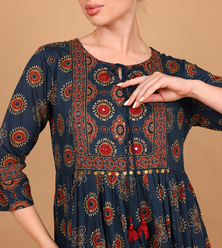 ILHAM Ajrakh Print 3/4 Sleeves Ethnic Maxi Dress
