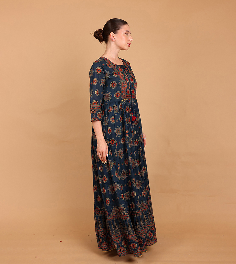 ILHAM Ajrakh Print 3/4 Sleeves Ethnic Maxi Dress