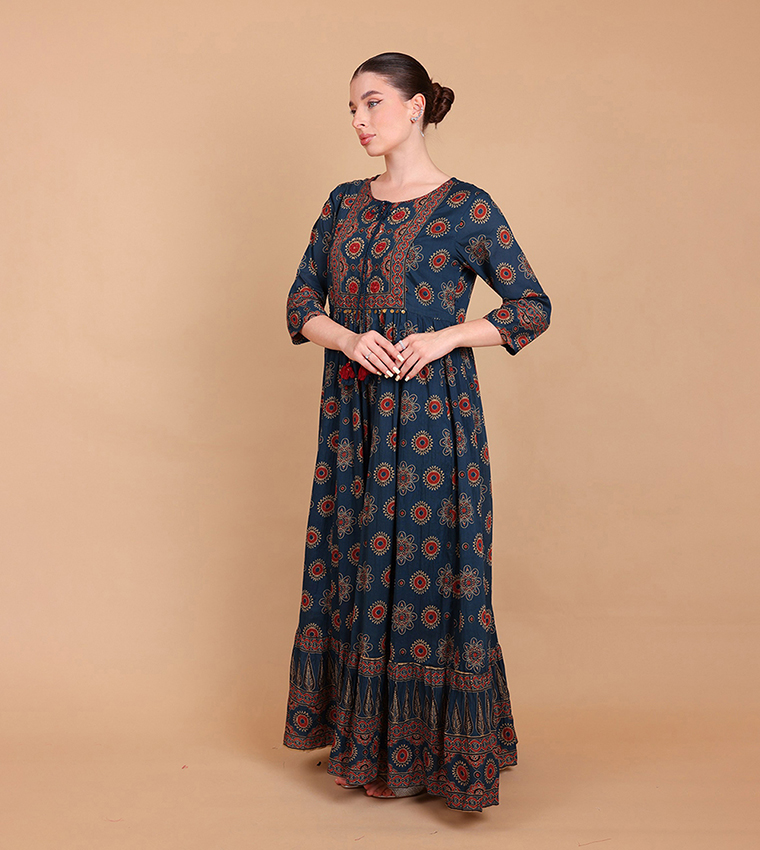 ILHAM Ajrakh Print 3/4 Sleeves Ethnic Maxi Dress