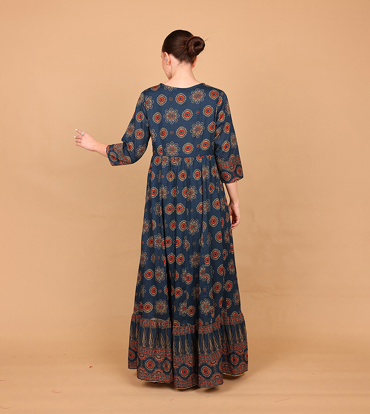 ILHAM Ajrakh Print 3/4 Sleeves Ethnic Maxi Dress