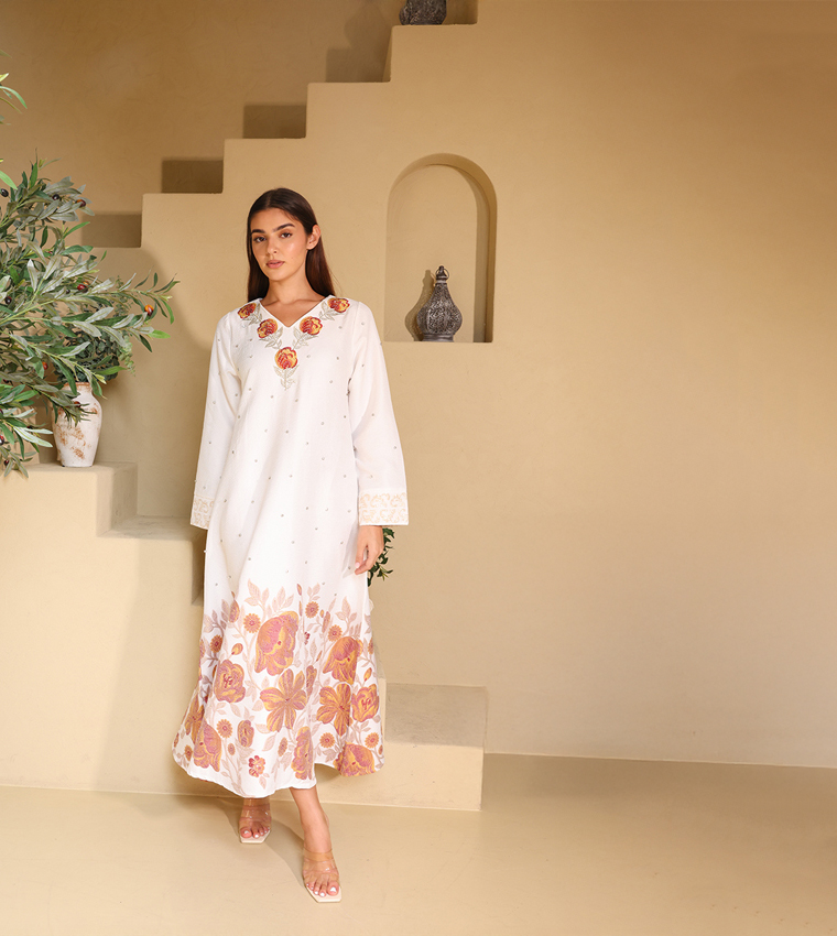 Floral Crystal Embellished Long Sleeves Jalabiya