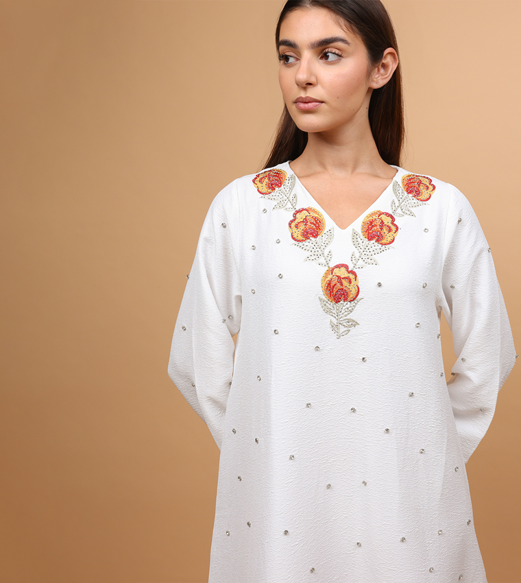 Floral Crystal Embellished Long Sleeves Jalabiya