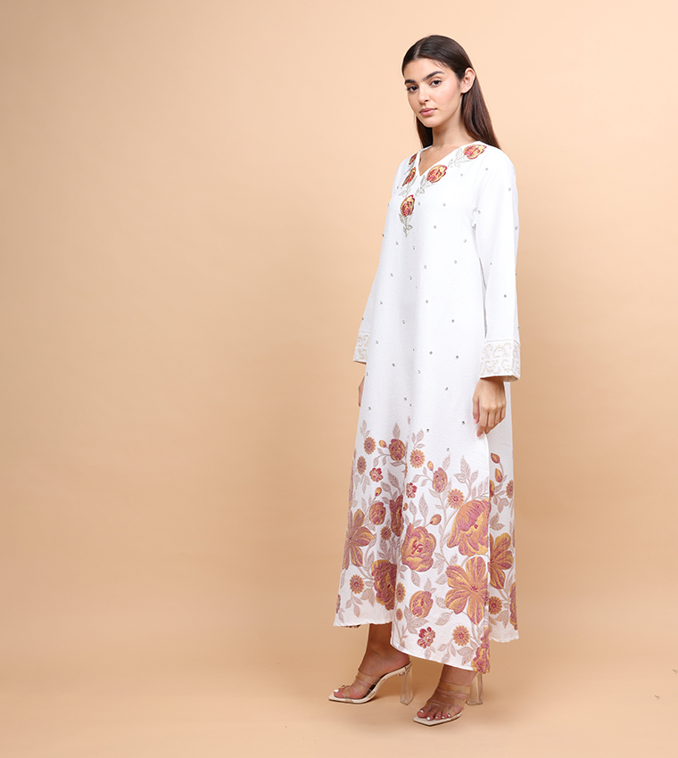 Floral Crystal Embellished Long Sleeves Jalabiya