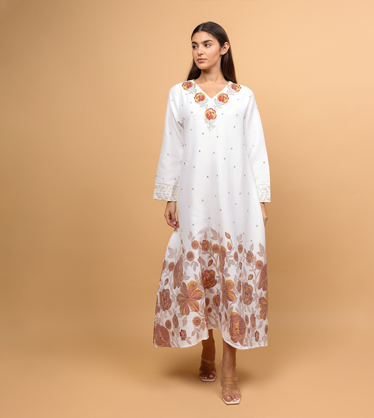 Floral Crystal Embellished Long Sleeves Jalabiya