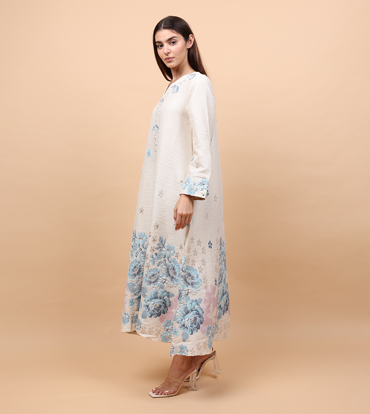 Floral Jacquard Linen Long Sleeves Jalabiya