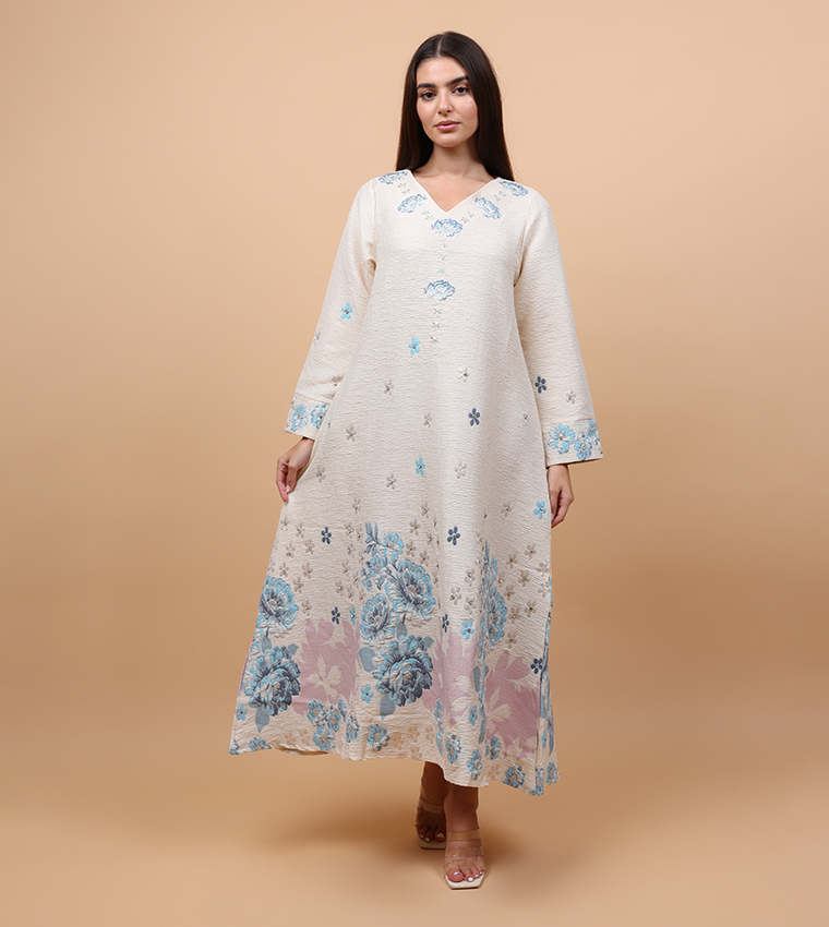 Floral Jacquard Linen Long Sleeves Jalabiya