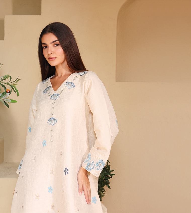 Floral Jacquard Linen Long Sleeves Jalabiya