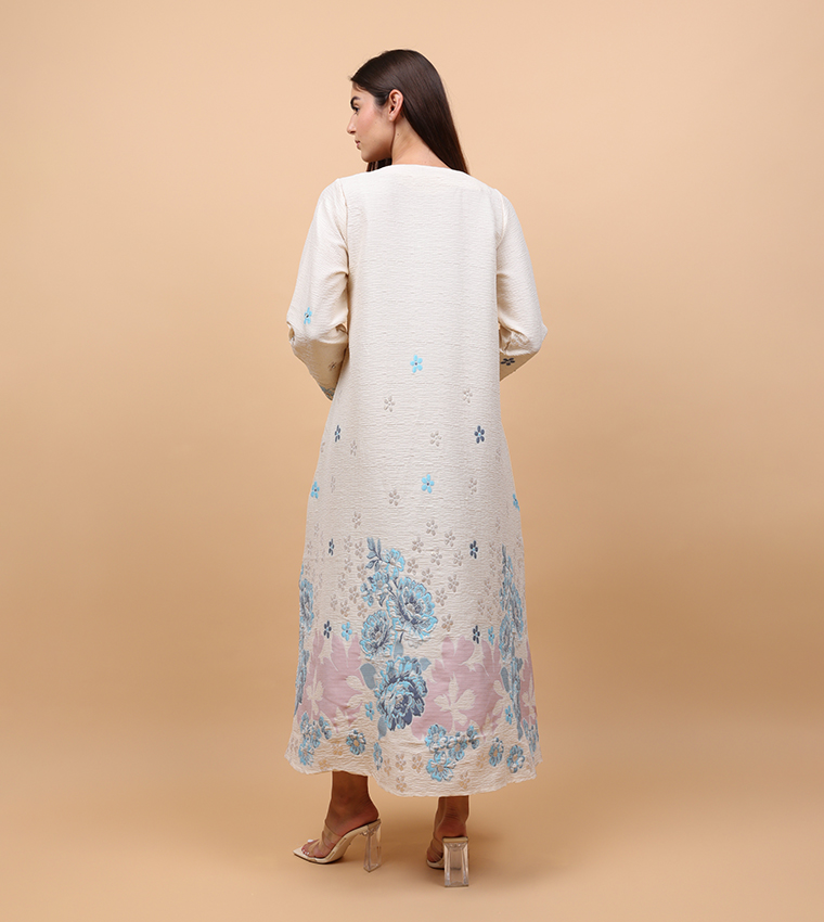 Floral Jacquard Linen Long Sleeves Jalabiya