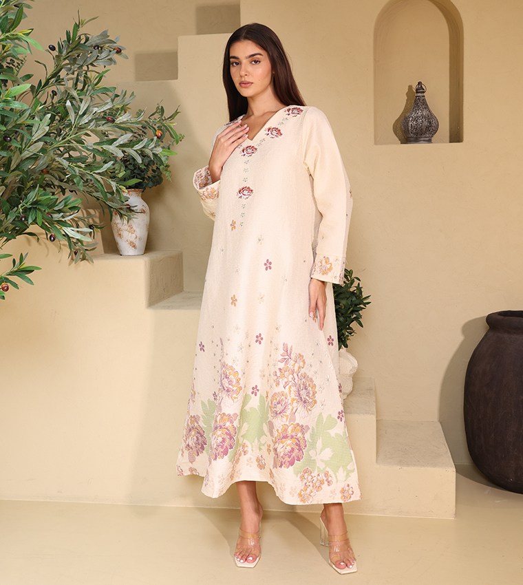 Floral Jacquard Linen Long Sleeves Jalabiya