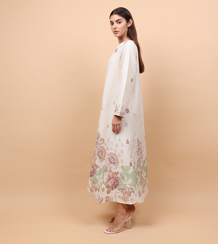Floral Jacquard Linen Long Sleeves Jalabiya