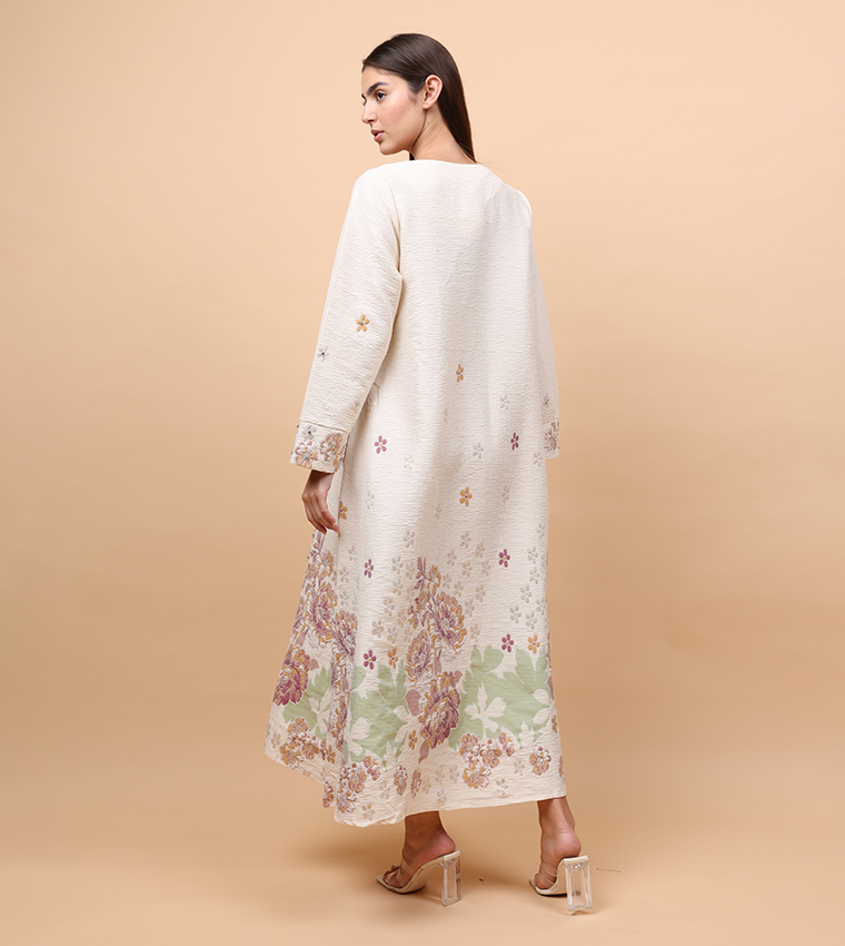 Floral Jacquard Linen Long Sleeves Jalabiya