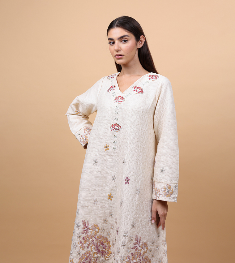 Floral Jacquard Linen Long Sleeves Jalabiya
