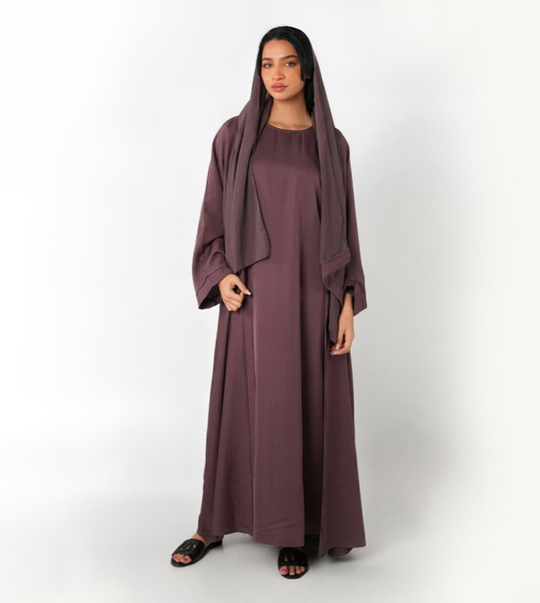 3-Piece Solid Long Sleeves Open Abaya Set