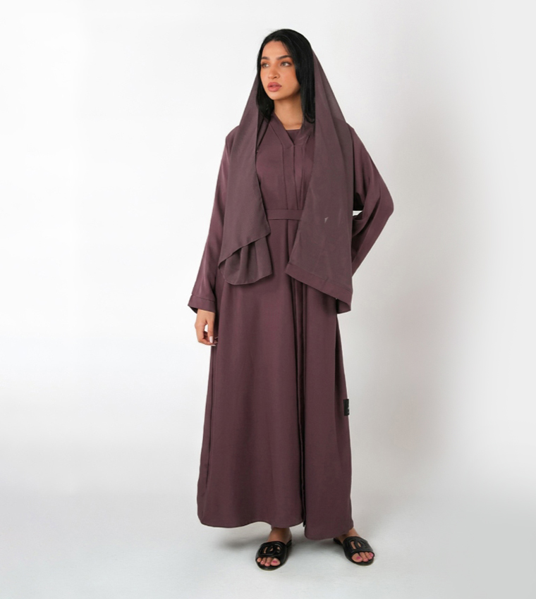 3-Piece Solid Long Sleeves Open Abaya Set