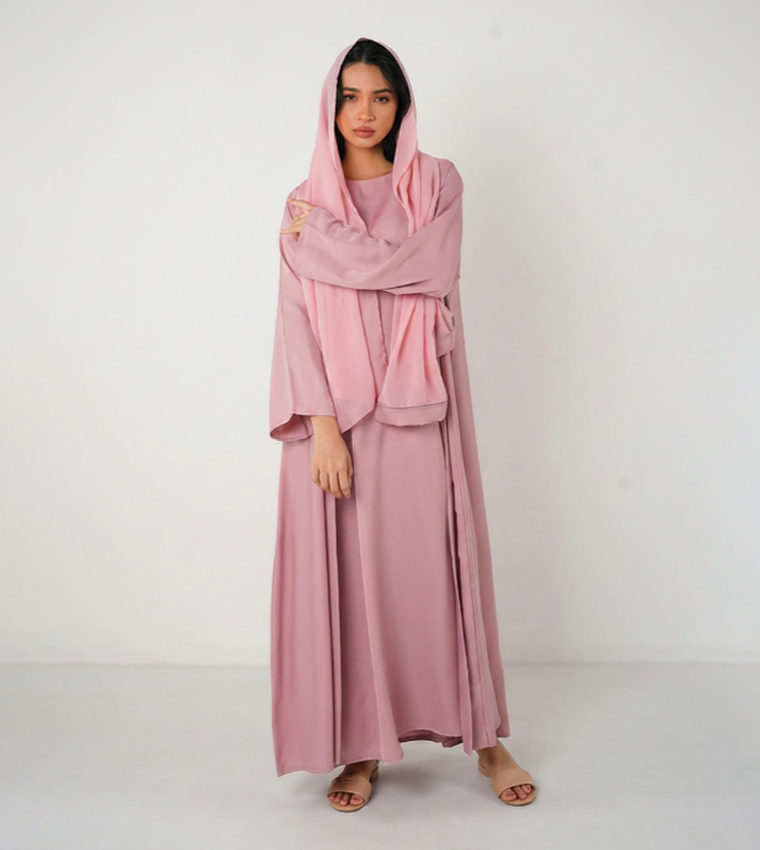 3-Piece Solid Flared Sleeves Open Abaya Set