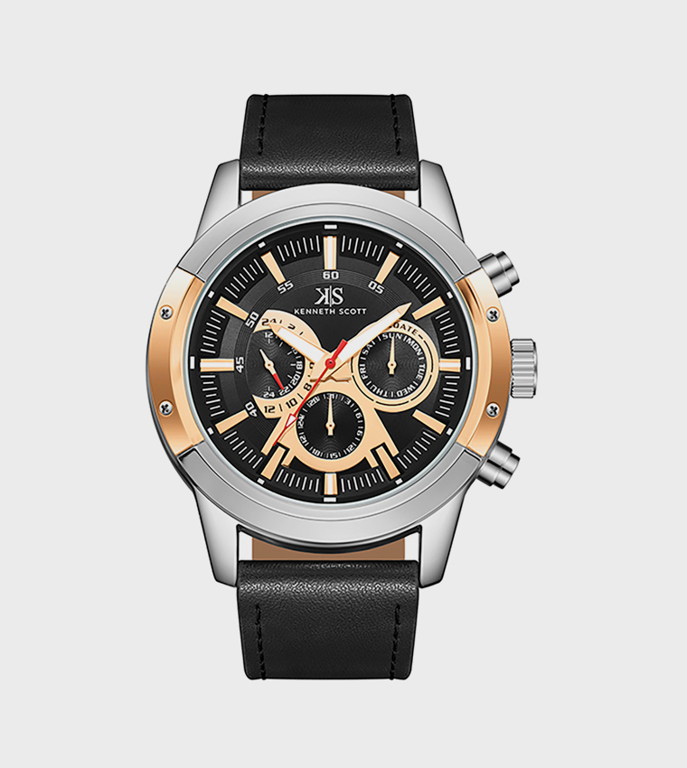 Black Dial Leather Strap Analog Watch