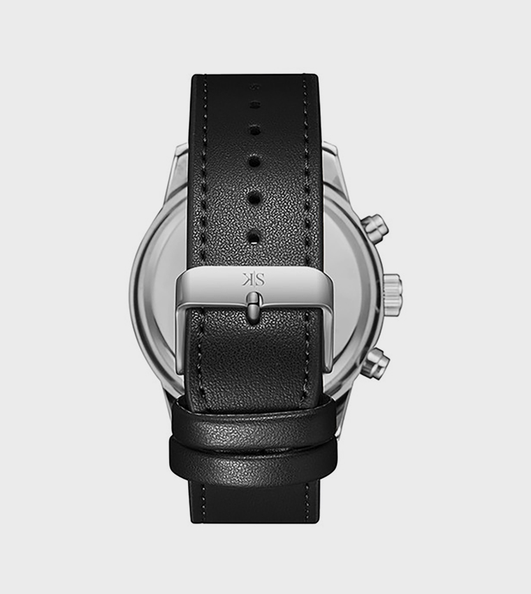 Black Dial Leather Strap Analog Watch