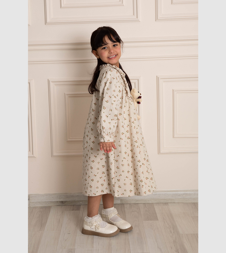 Teddy Detail Printed Flared Dress