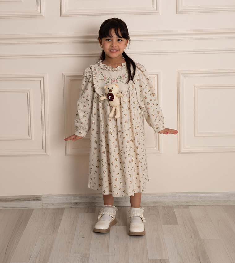 Teddy Detail Printed Flared Dress