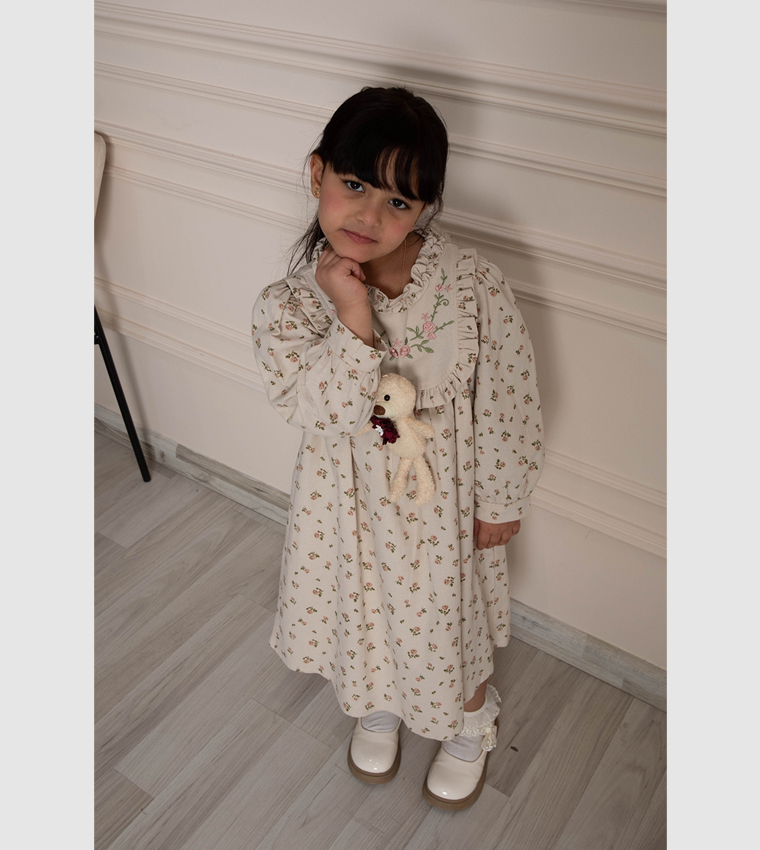 Teddy Detail Printed Flared Dress