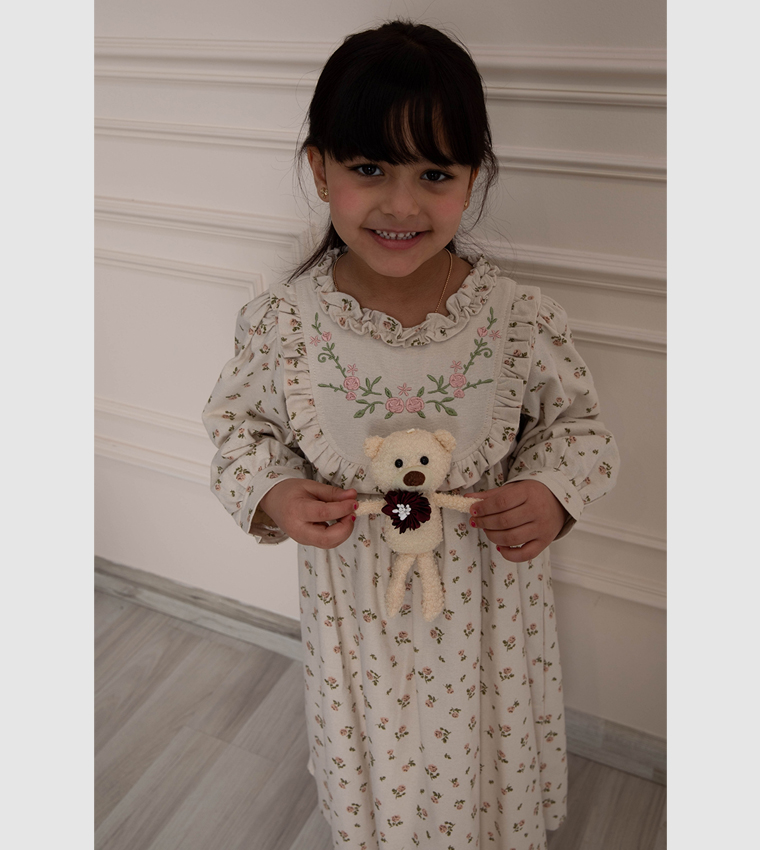 Teddy Detail Printed Flared Dress