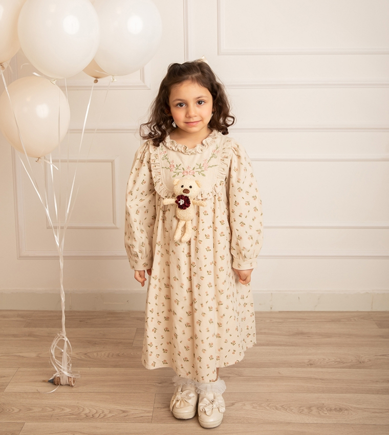 Teddy Detail Printed Flared Dress