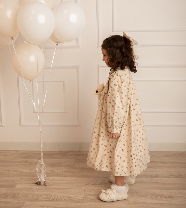 Teddy Detail Printed Flared Dress