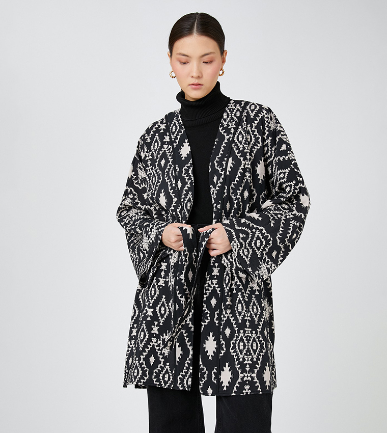 Patterned Belted Long Sleeves Kimono