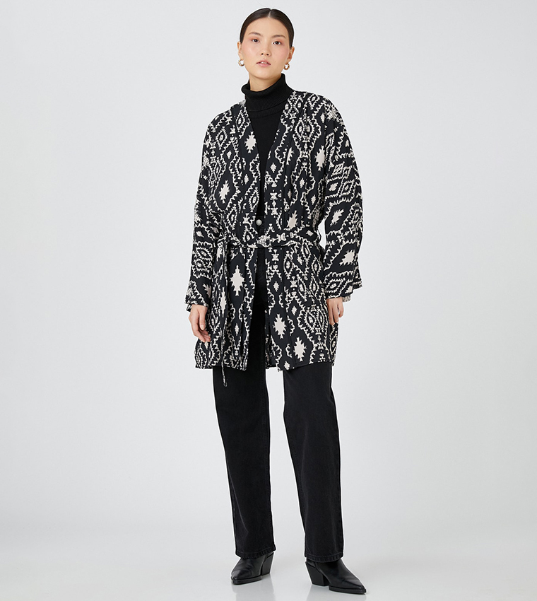 Patterned Belted Long Sleeves Kimono