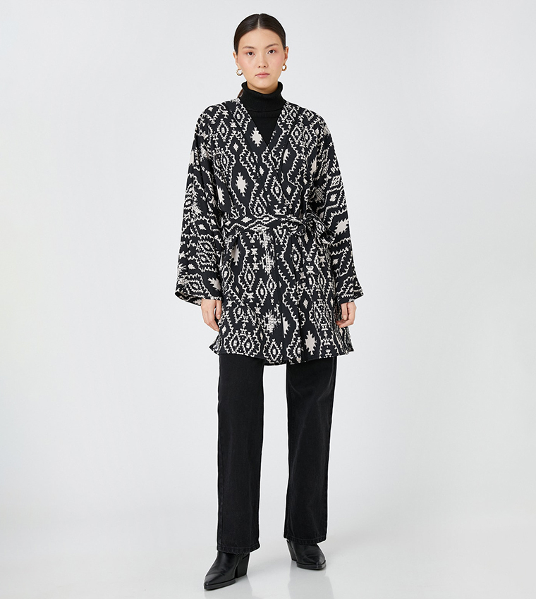 Patterned Belted Long Sleeves Kimono