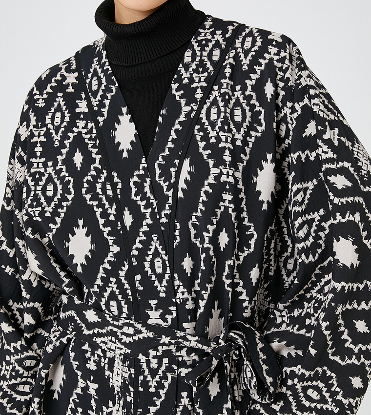 Patterned Belted Long Sleeves Kimono