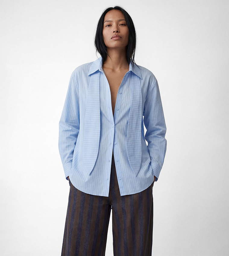 Striped Long Sleeves Scarf Neck Shirt