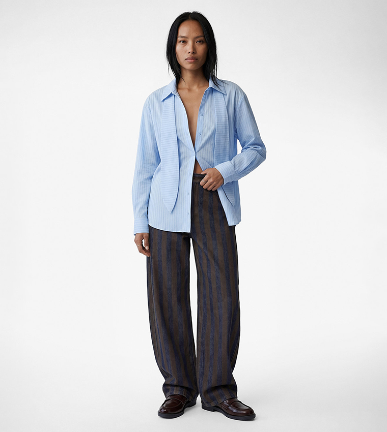 Striped Long Sleeves Scarf Neck Shirt