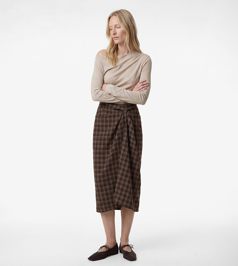 Plaid Asymmetric Midi Skirt