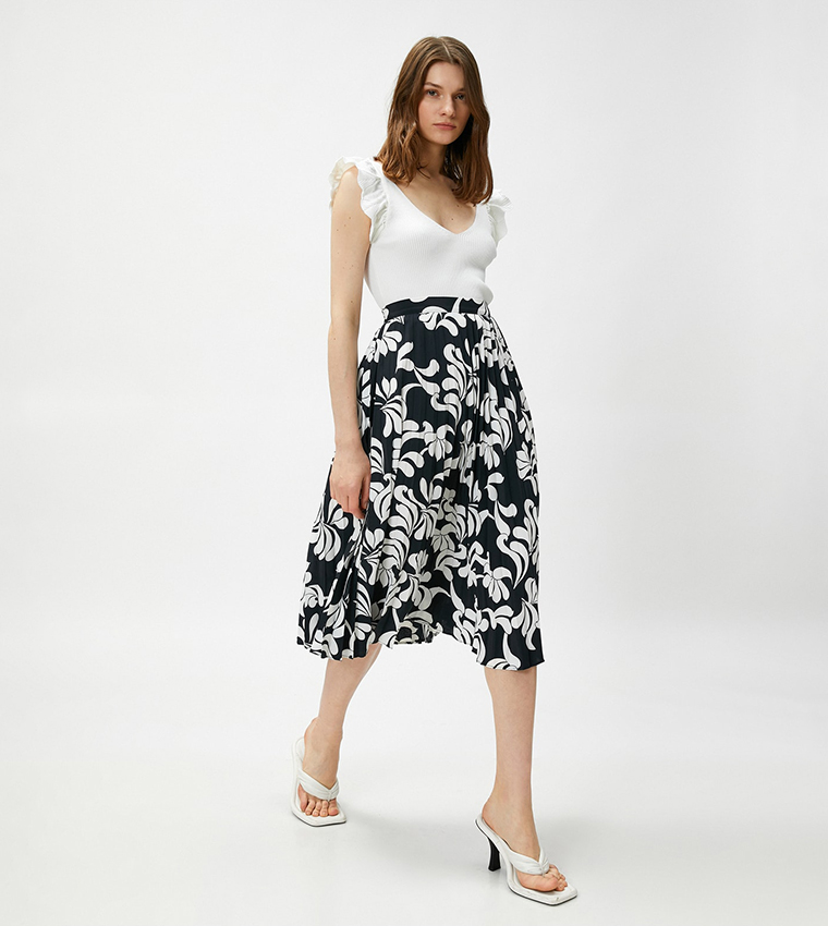 Floral Print Pleated Midi Skirt