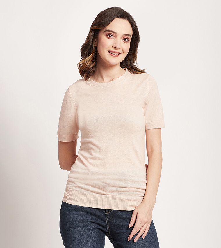 Solid Short Sleeves Knitted Top