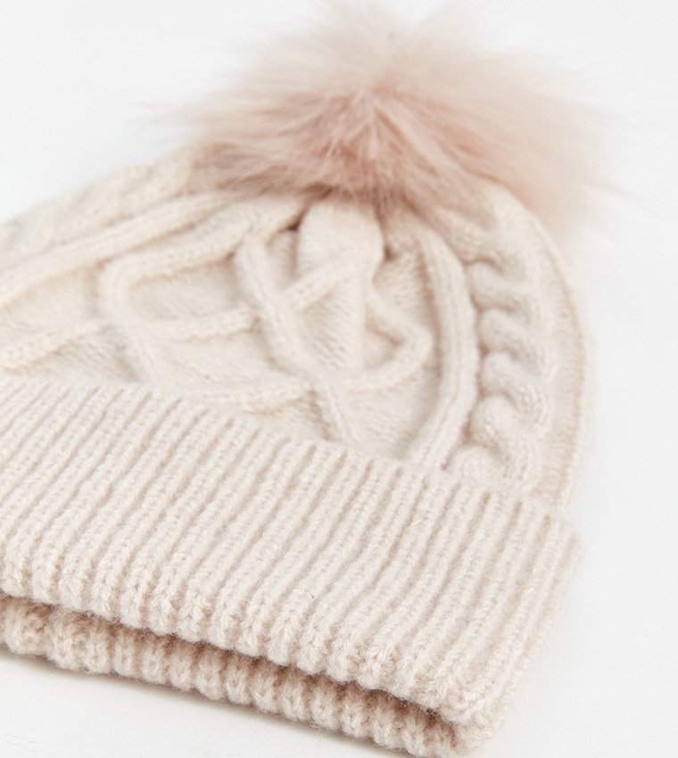 Cable Knit Pom-Pom Beanie and Scarf Set