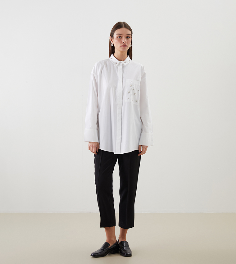 Rhinestone Embellished Oversized Tunic Shirt