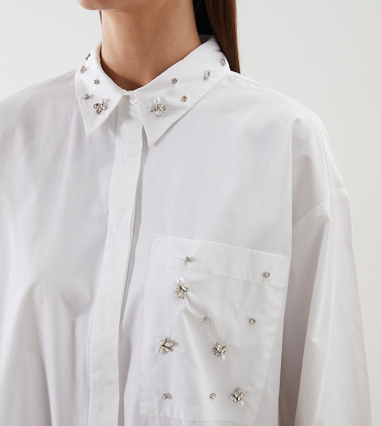Rhinestone Embellished Oversized Tunic Shirt