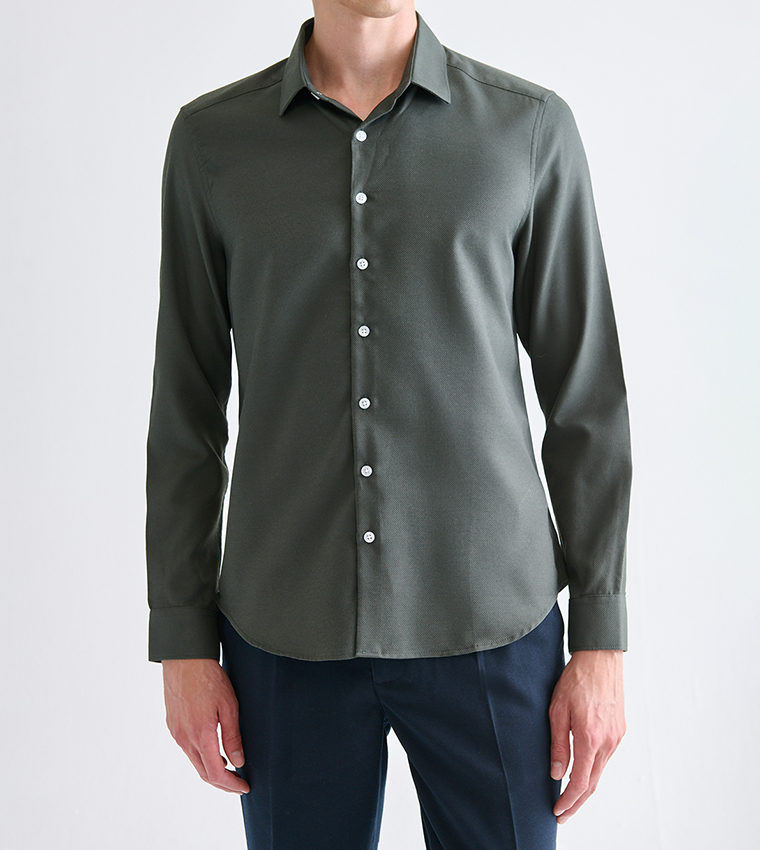 Textured Slim Fit Long Sleeves Dobby Shirt