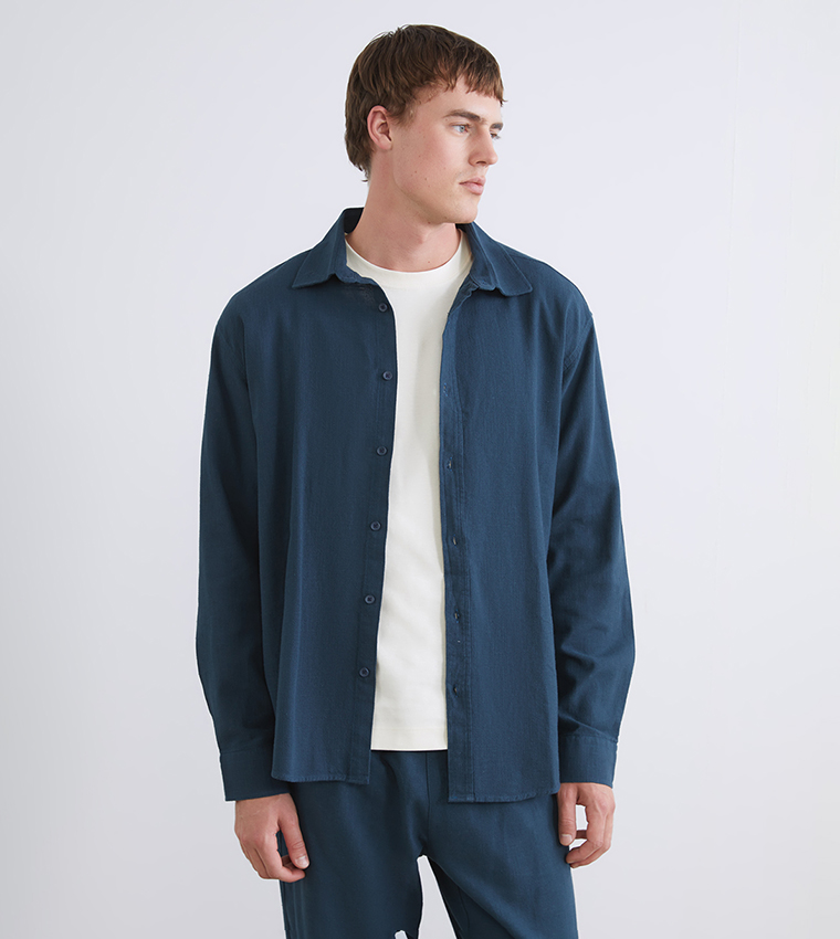 Textured Regular Fit Long Sleeves Linen Shirt