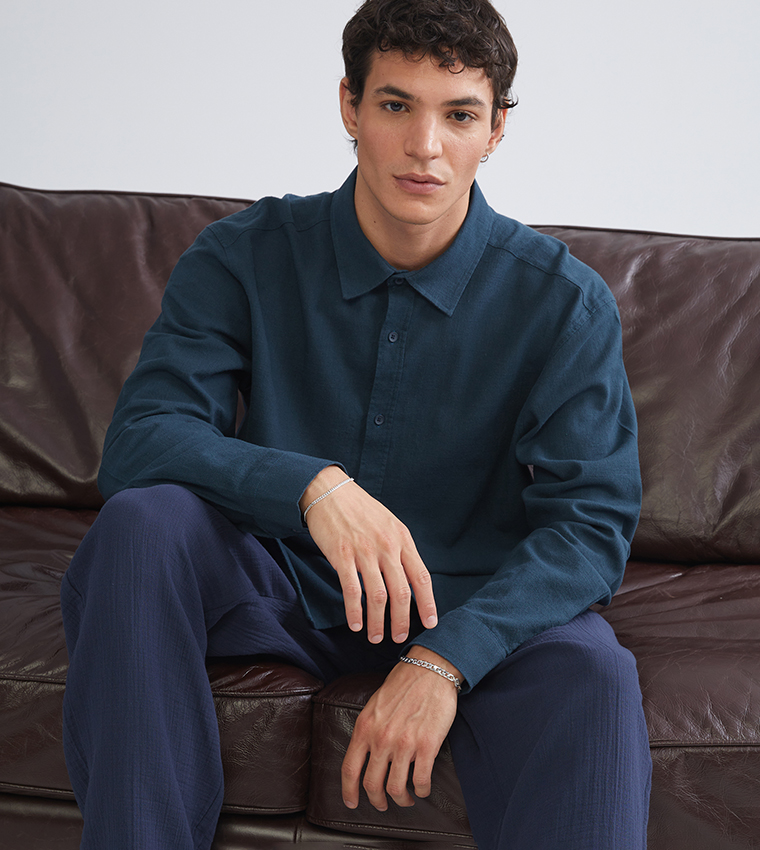 Textured Regular Fit Long Sleeves Linen Shirt